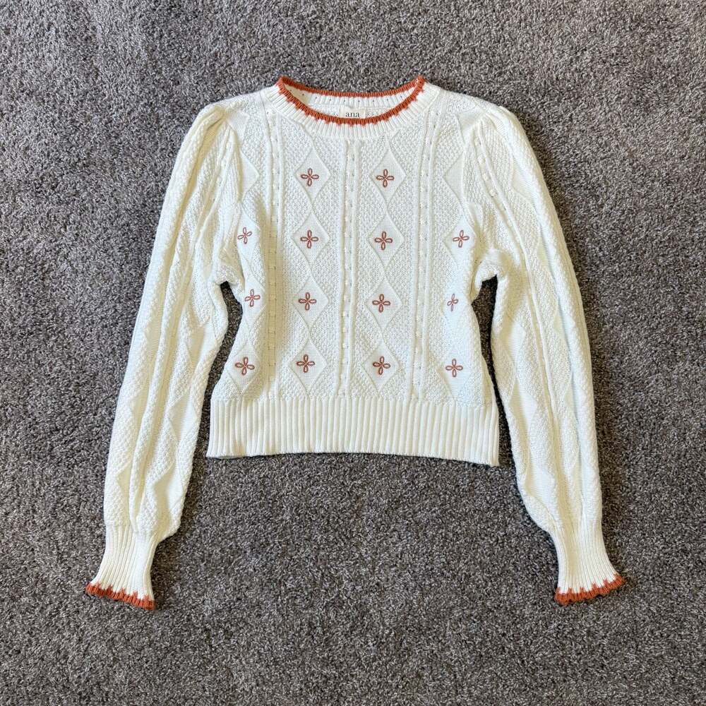 a.n.a Cream Cable Knit Embroidered Floral Sweater Size M Cottagecore Twee Comfy